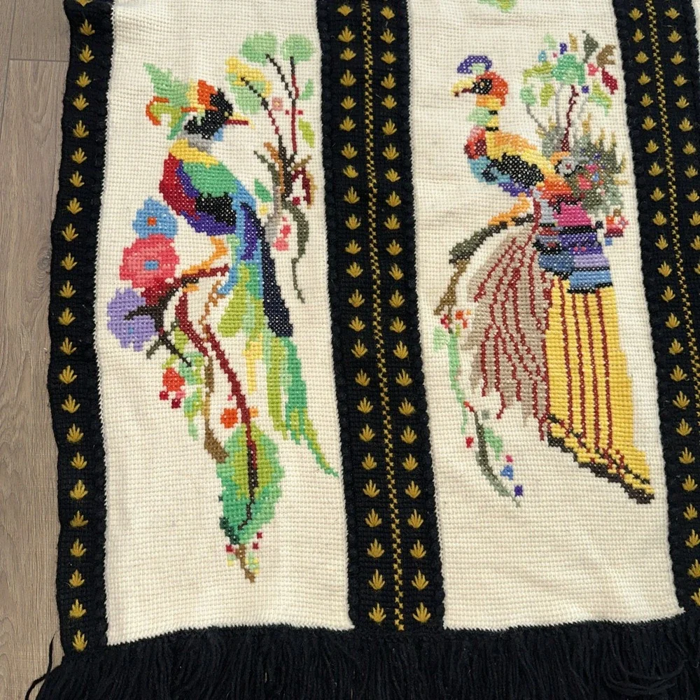 Vintage Peacock Bird Handmade Needlepoint Throw‎ Blanket 46 X 72. EUC